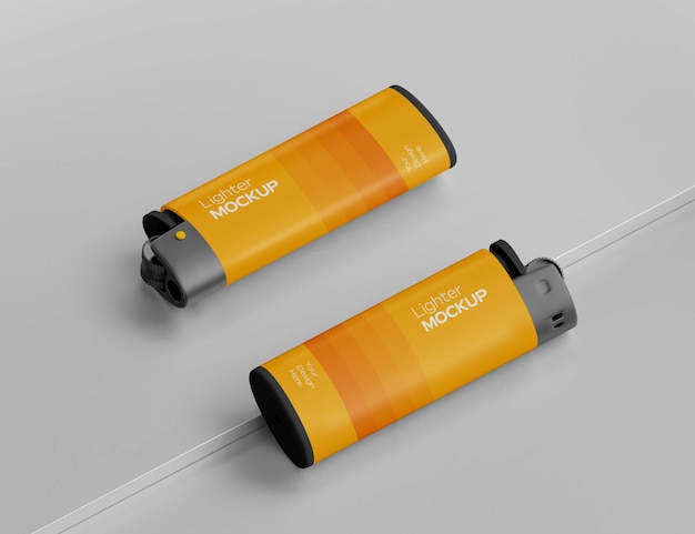 High angle yellow lighters arrangement mockup