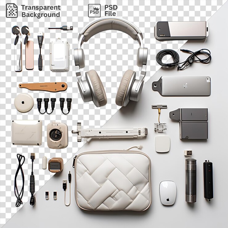 PSD high-end computer gaming setup op een transparante achtergrond met zilveren koptelefoon een witte case en een zilveren camera