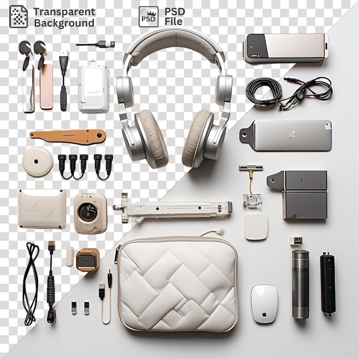 PSD high end computer gaming setup set up on a transparent background featuring silver headphones a white case and a silver camera