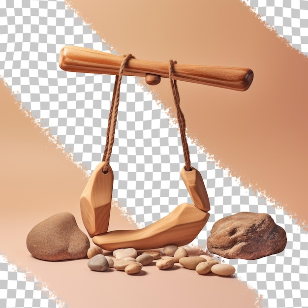 High quality photo of a wooden slingshot with rocks and pebbles