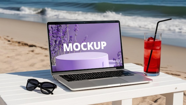 the high quality silver laptop with lavender mockup on a beach table with sunglasses and red drink