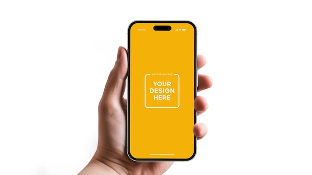 Mockup di smartphone di alta qualità con isola dinamica a mano e sfondo isolato per mostrare l'app mobile