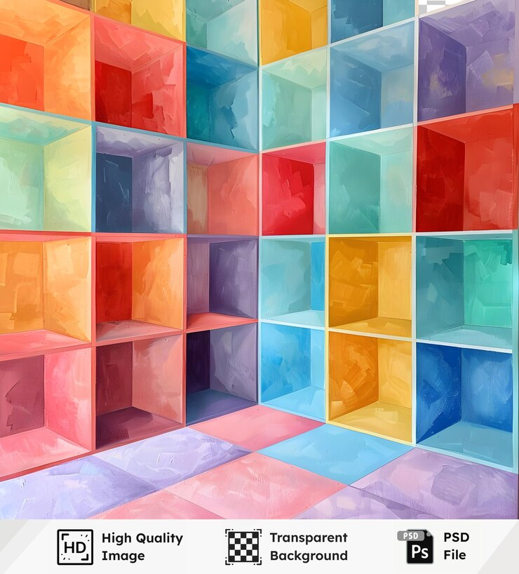 PSD high quality transparent image of colorful cubical shelves a vivid array of pastel and primary hues