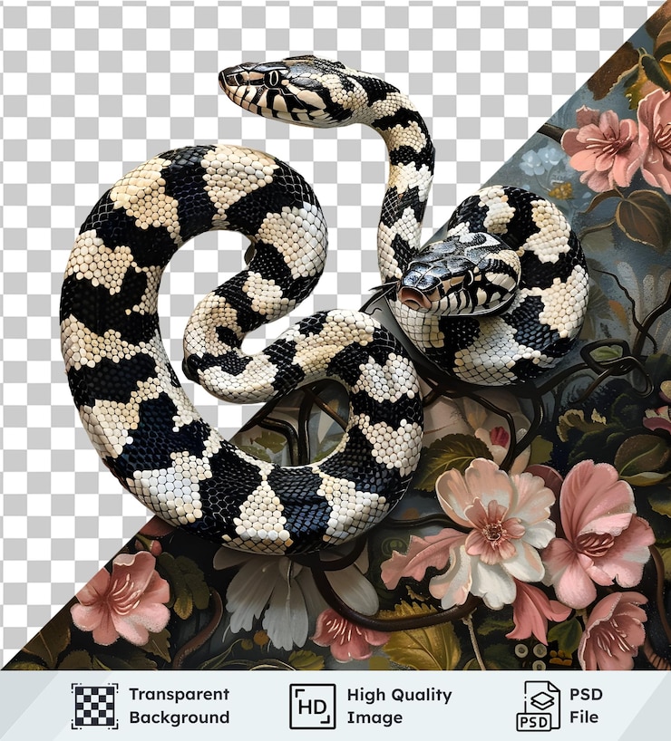 PSD high quality transparent image of two snakes entwined amidst blooming flowers exquisitely detailed