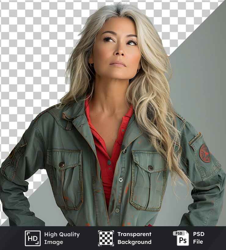 PSD high quality transparent image of woman wearing a green jacket over a red shirt looking up