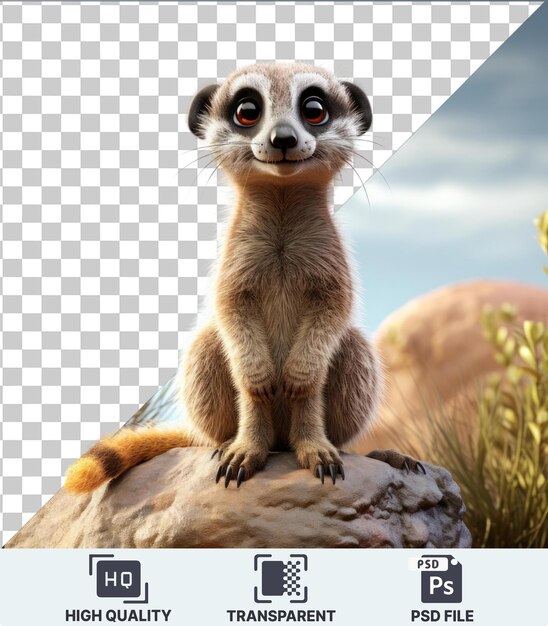 PSD high quality transparent psd 3d animated meerkat standing on a rock like surface with a blue sky in the background the meerkats features include a brown tail