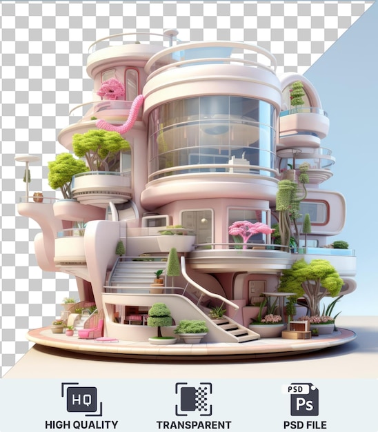 PSD high quality transparent psd 3d architect cartoon designing innovative buildings a white balcony stands tall against a clear blue sky while a small green tree adds a touch of nature to the scene