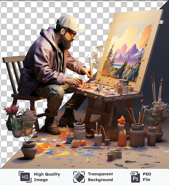 High quality transparent psd 3d painter cartoon painting a canvas