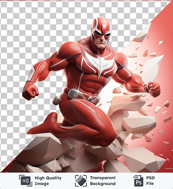 PSD high quality transparent psd 3d superhero striking a powerful pose against a vibrant red wall with a bent leg and hand visible in the foreground