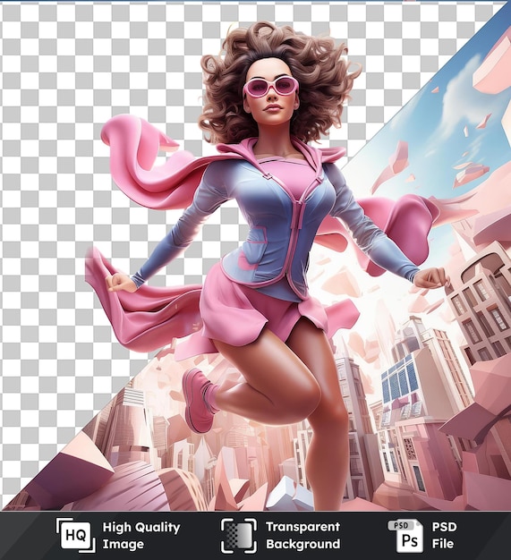 High quality transparent psd 3d superheroine cartoon soaring through the city skyline featuring curly hair pink sunglasses and a pink skirt with a glimpse of a leg in the foreground