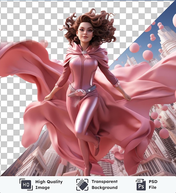 High quality transparent psd 3d superheroine cartoon soaring through the cityscape featuring a woman with curly hair and a pink balloon in the foreground