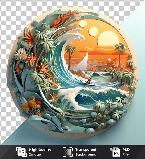 PSD Высокого качества прозрачный psd 3d серфер мультфильм езда на волнах на тропическом пляже