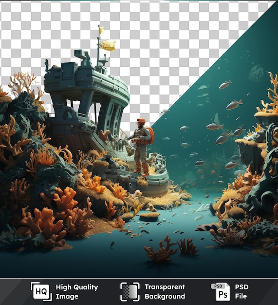 PSD high quality transparent psd 3d underwater archaeologist cartoon excavating a shipwreck