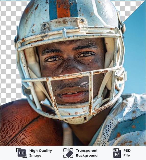 High quality transparent psd american football player wearing helmet posing with ball against blue sky showcasing his distinctive features including a big nose brown eyes and dark eyebrows