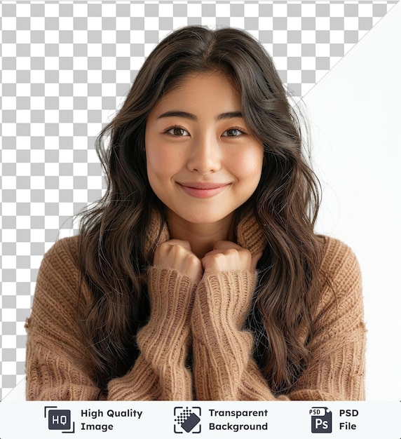 PSD high quality transparent psd attractive asian ethnicity female looking at camera smiling with fun gesture wearing a brown sweater and showing off her brown eyes nose and hair