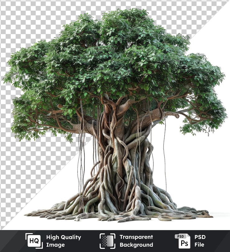 PSD high quality transparent psd banyan trees with intricate roots isolated on transparent background