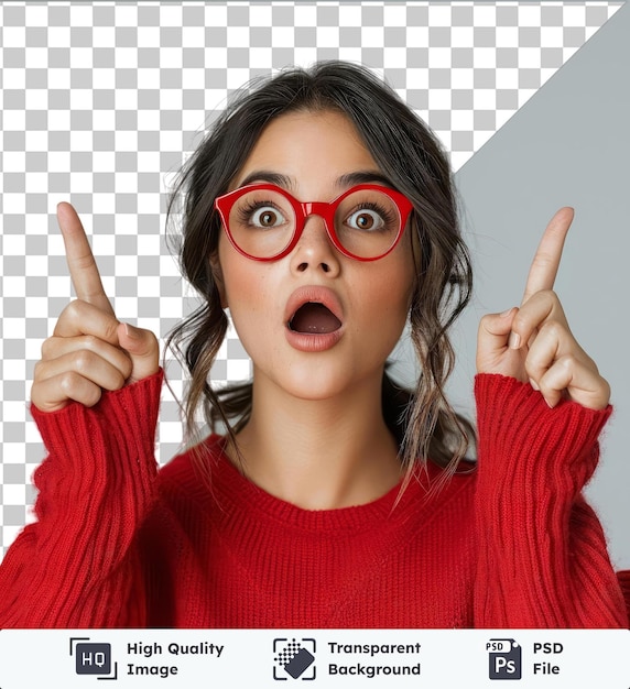 PSD high quality transparent psd beautiful brunette woman wearing red glasses over isolated amazed and surprised looking up and pointing with fingers and raised arms