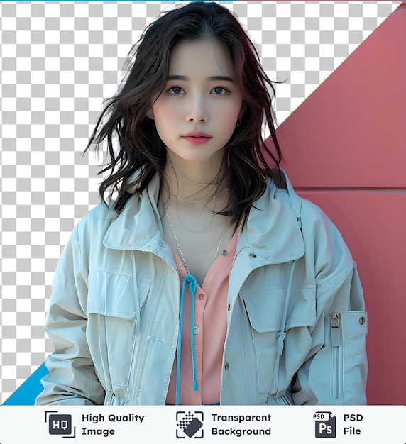 High quality transparent psd beautiful korean woman in casual jacket and blue shorts standing in front of a blue wall with long brown hair and a small nose wearing a pink shirt and blue