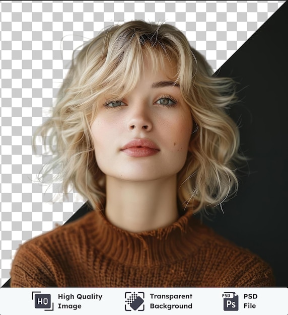 PSD high quality transparent psd beautiful young woman portrait with blonde short highlights hair portrait pretty female over gray wall studio shot with no background