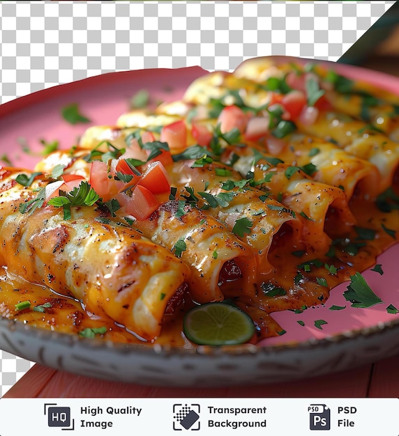 PSD high quality transparent psd beef enchiladas served on a pink plate accompanied by a brown bowl and a green lime on a wooden table