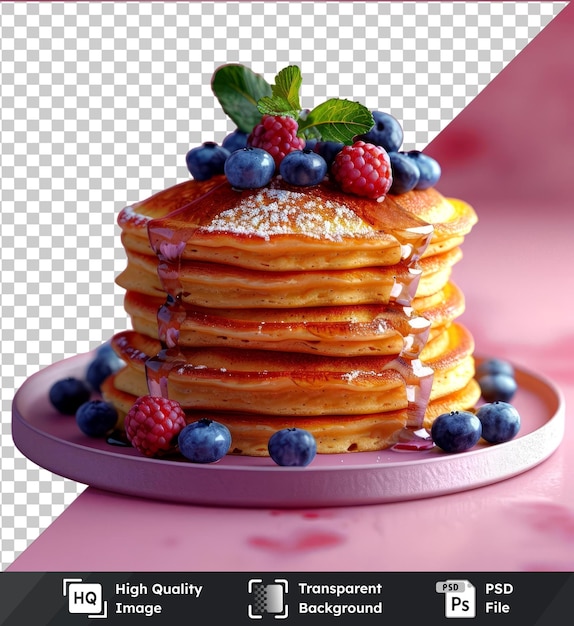 PSD high quality transparent psd blueberry ricotta pancakes stack with fresh blueberries on pink table