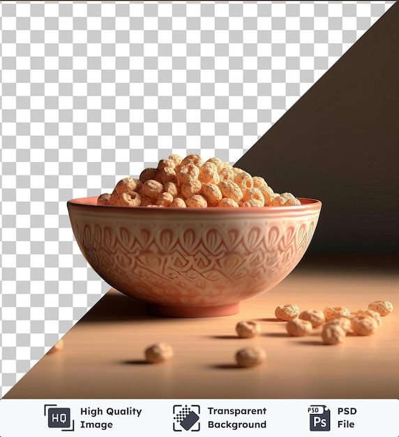 High quality transparent psd bowl of cereal on wooden table accompanied by a small ball and a dark shadow