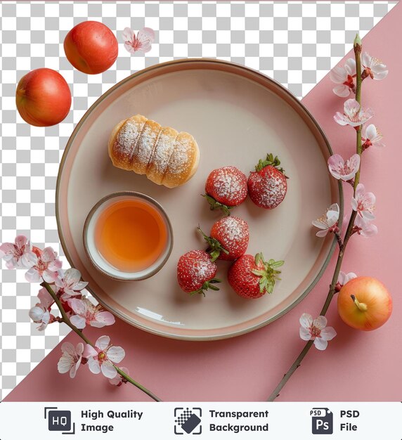 High quality transparent psd breakfast foods set on a white plate featuring fresh red strawberries and a white flower placed on a pink table