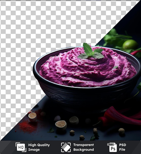 PSD high quality transparent psd bright beetroot hummus in a black bowl