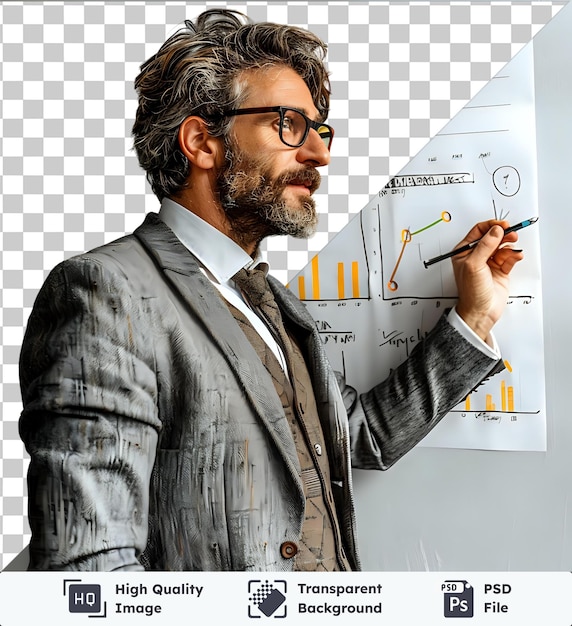 High quality transparent psd business man drawing a graph on a whiteboard wearing a brown tie and black glasses with a gray beard and hair and a brown button on his shirt