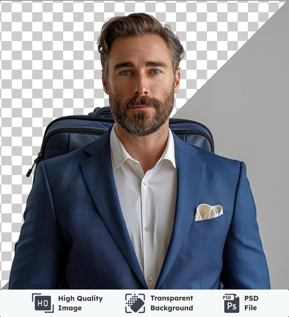 PSD high quality transparent psd business travel concept with businessman in blue suit and white shirt standing in front of a gray and white wall with a black and blue suitcase beside him his features