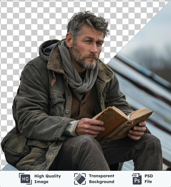 PSD high quality transparent psd caucasian man sitting on roof holding book wearing black and gray jacket gray scarf and gray and brown pants with curly brown hair and a hand visible in