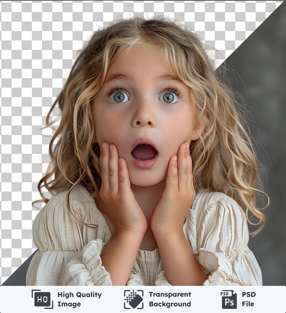 PSD high quality transparent psd children portrait and wow with a girl in studio looking surprised or in shock face hands and gossip with a cute little female child reacting to good news or an annota