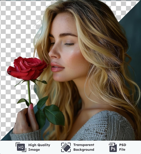 PSD high quality transparent psd close up of blonde very pretty woman who plays touches and smells a red rose in a photographic studio