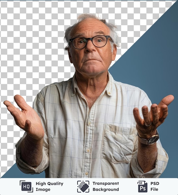 High quality transparent psd confused senior caucasian man with glasses is unsure in studio raising hands up isolated on blue wall he wears a white and blue shirt black glasses and has gray hair