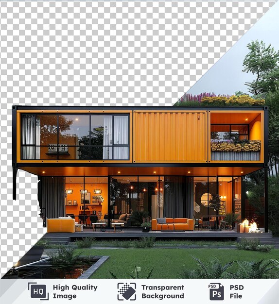 High quality transparent psd container house in greenery with glass window colorful flowers and