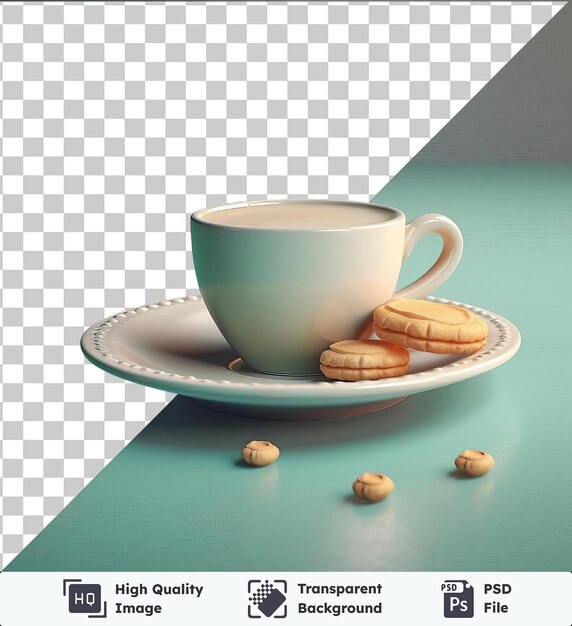 High quality transparent psd cup of chai tea sits on a white saucer on a blue and green table accompanied by a brown cookie the scene is set against a gray wall and
