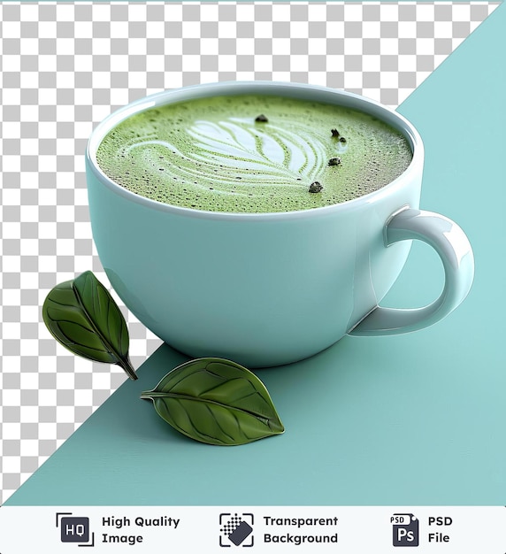 PSD high quality transparent psd cup of matcha latte on blue table with green leaf and white handle