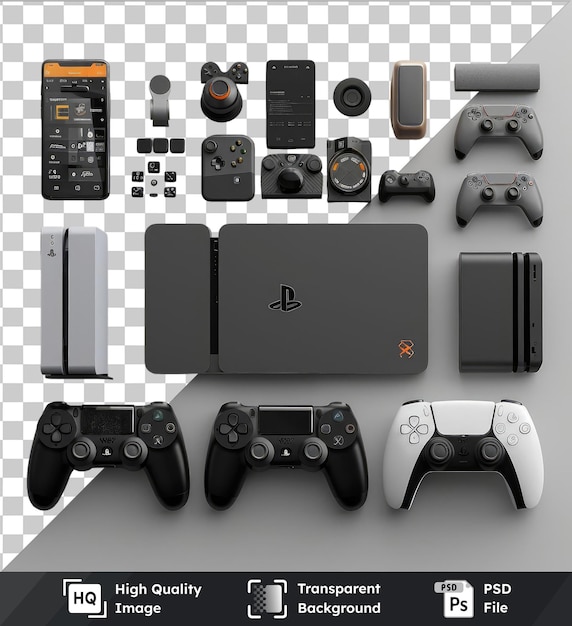 High quality transparent psd custom built gaming console and accessories set displayed on a transparent background featuring a black controller and a gray and black remote