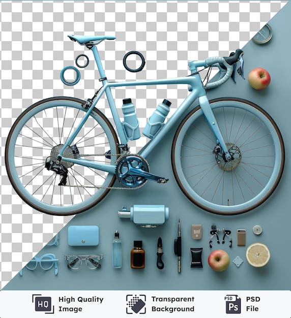 PSD 고품질의 투명한 psd 사용자 정의 고급 자전거 및 액세서리 세트는 색과 파란색 벽에 표시되어 있으며 빨간 사과 검은 펜 검은 바와 은색과 검은색을 특징으로합니다.