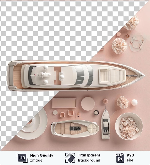 PSD set di design interno di yacht di lusso psd trasparente di alta qualità con un fiore bianco, un cerchio bianco rotondo e una piccola barca bianca su uno sfondo rosa