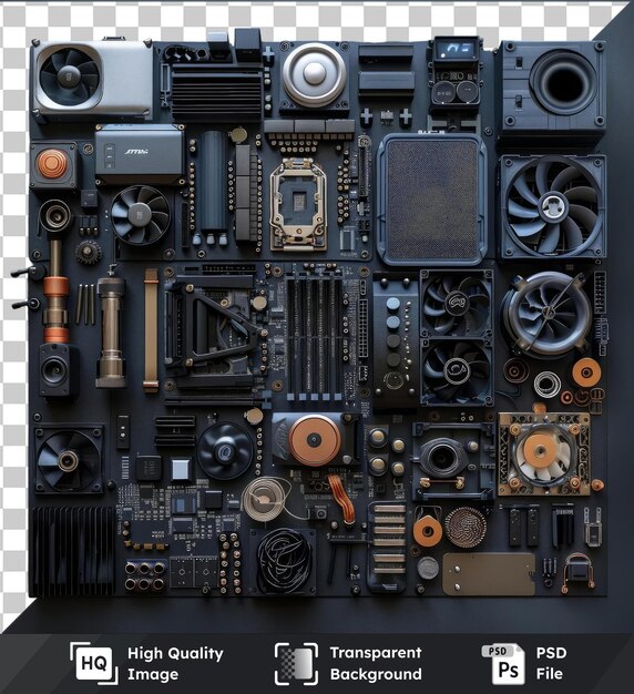 PSD high quality trasparente psd custom pc building components set visualizzato contro una parete nera con una telecamera argento e grigio come pezzo centrale