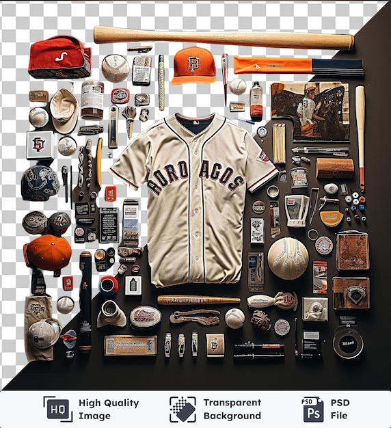 PSD high quality transparent psd custom sports memorabilia and collectibles set featuring a baseball bat white ball and orange hat