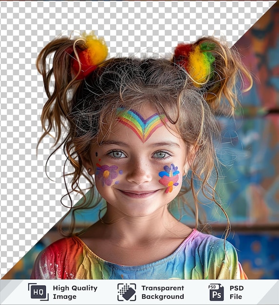 High quality transparent psd cute little girl with face painting on her face featuring brown and blue eyes a small nose and brown hair standing in front of a colorful wall