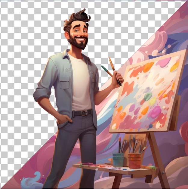 High quality transparent psd d painter cartoon creating a masterpiece on a canvas