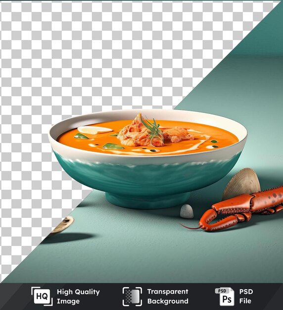 High quality transparent psd delectable seafood bisque served in a blue and white bowl on a blue table accompanied by an orange carrot and a small brown coin