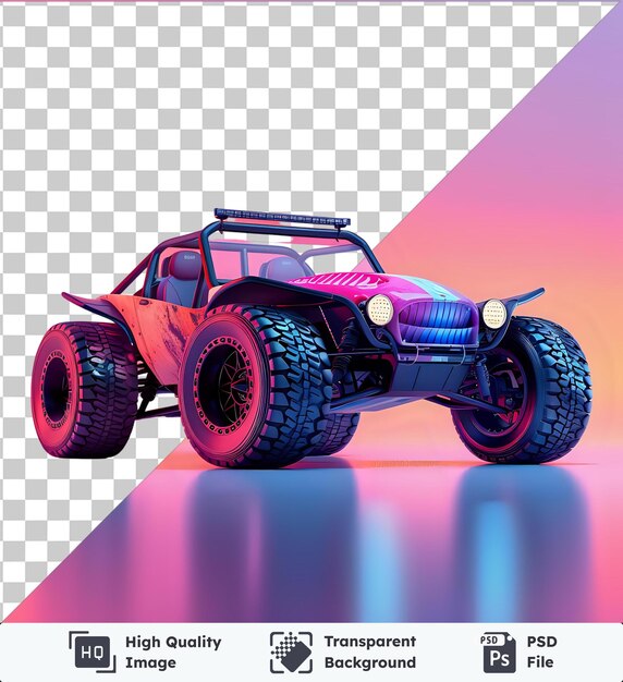 High quality transparent psd desert dune buggy mockup featuring large black tires and a pink sky backdrop