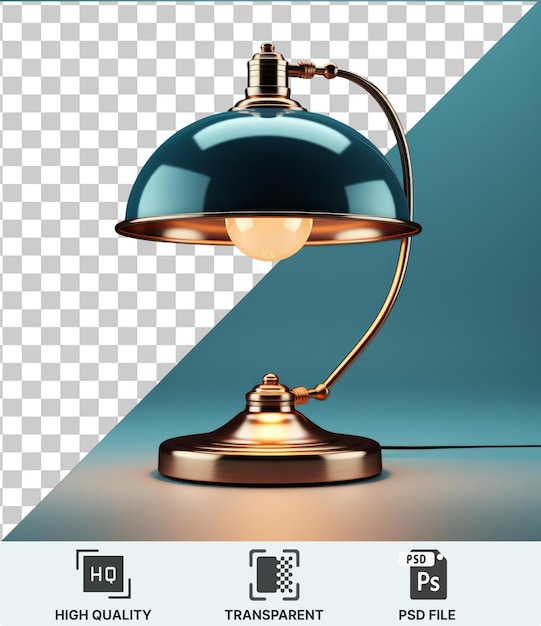 PSD high quality transparent psd a desk lamp with a silver base and black lamp shade placed on a shiny table against a blue wall