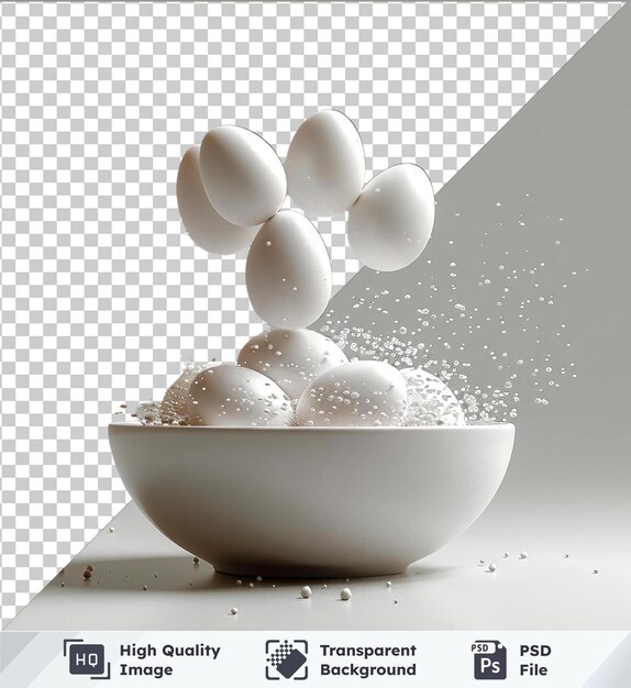 PSD high quality transparent psd eggs flying in a bowl on a transparent background with a dark shadow