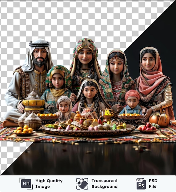 Alta qualità psd trasparente eid al fitr riunione di famiglia con una torta bambole e un cesto su un tavolo nero con un riflesso visibile sullo sfondo