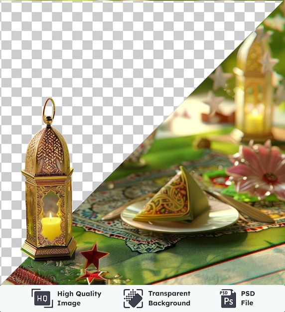 PSD Высококачественный прозрачный комплект для изготовления поздравительных открыток для рамадана с красочным столом с розовыми и красными цветами, белой тарелкой, белой вазой и красной звездой